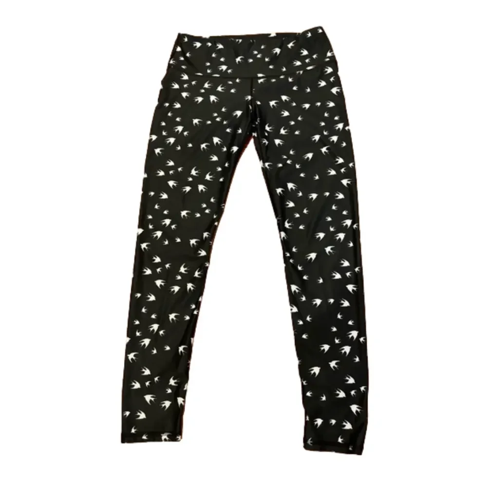 90s NOLI ACTIVE BLACK & WHITE SPARROW LEGGINGS W ALLOVER BIRD PRINT YOGO PANT L - Picture 4 of 6